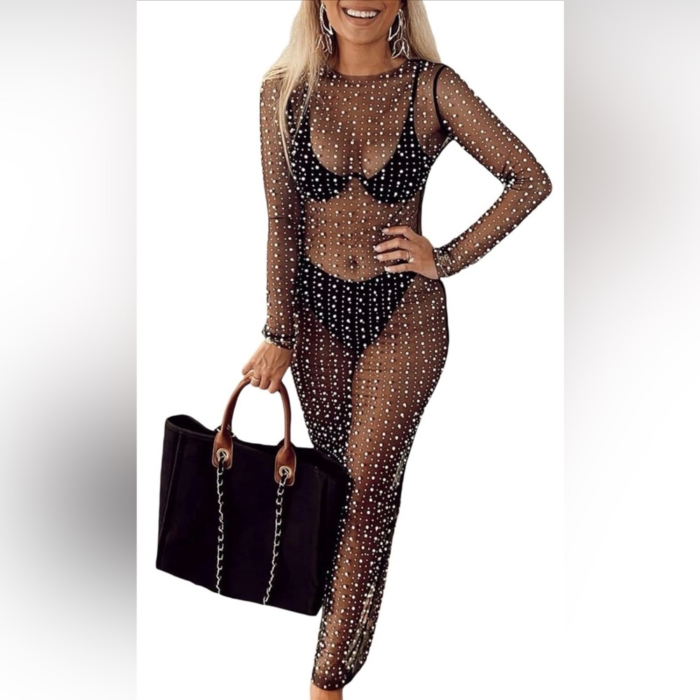 Sheer Rhinestone Long Sleeve Maxi Cover-Up Dress - Black